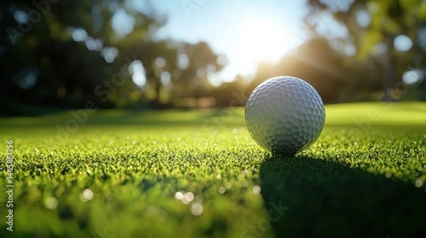 Fototapeta A golf ball in mid-air, captured just after a powerful swing, with a blurred golf course background and bright sunlight illuminating the ball trajectory.