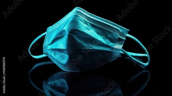 Fototapeta A KN95 mask positioned diagonally on a black background, with soft lighting highlighting its contours, straps, and structured design for a professional look.
