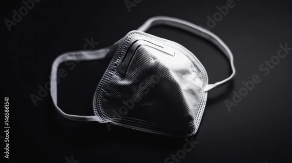 Fototapeta A KN95 mask positioned diagonally on a black background, with soft lighting highlighting its contours, straps, and structured design for a professional look.