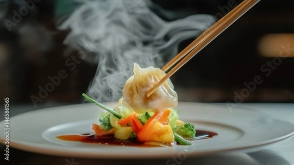 Fototapeta A pair of chopsticks lifting a perfect dumpling from a plate, with steamed vegetables and sauce on the side, creating an appetizing scene.