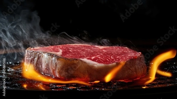 Fototapeta A premium Wagyu beef steak being cooked to perfection over an open flame, with juices dripping onto the grill, flames rising, and a dark moody background adding to the drama.