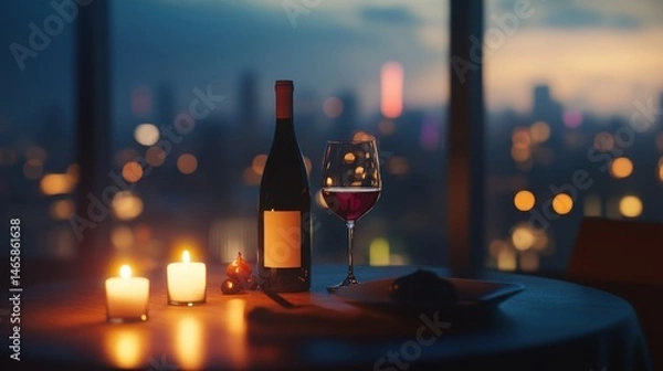 Fototapeta A romantic dinner setup with a bottle of wine, two glasses, and candlelight on a table, with a blurred cityscape in the background, evoking a sense of luxury and intimacy.