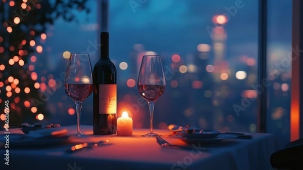 Fototapeta A romantic dinner setup with a bottle of wine, two glasses, and candlelight on a table, with a blurred cityscape in the background, evoking a sense of luxury and intimacy.