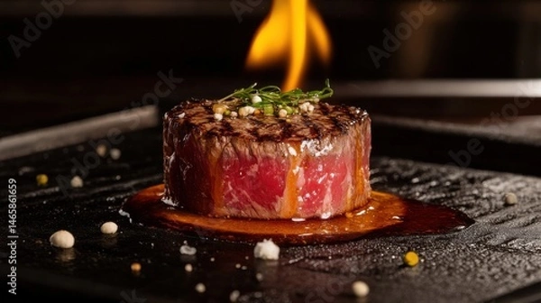 Fototapeta A premium Wagyu beef steak being cooked to perfection over an open flame, with juices dripping onto the grill, flames rising, and a dark moody background adding to the drama.