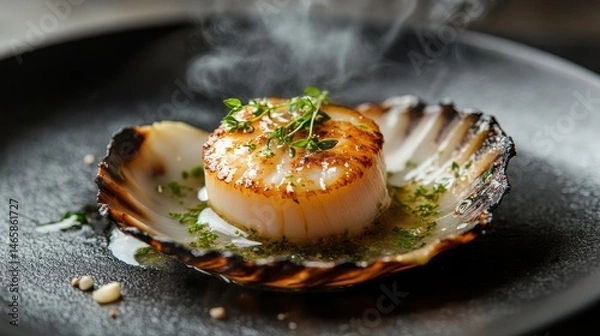 Fototapeta A single scallop in its shell, grilled with garlic butter and herbs, placed on a dark slate plate, with steam rising to highlight its rich and savory aroma.