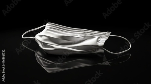 Fototapeta A single white surgical mask lying flat on a black surface, with soft lighting highlighting its texture and folds, creating a minimalistic and sterile look.