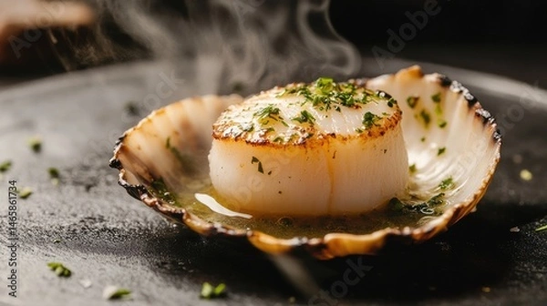 Fototapeta A single scallop in its shell, grilled with garlic butter and herbs, placed on a dark slate plate, with steam rising to highlight its rich and savory aroma.