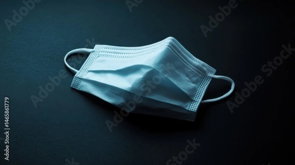 Fototapeta A single white surgical mask lying flat on a black surface, with soft lighting highlighting its texture and folds, creating a minimalistic and sterile look.