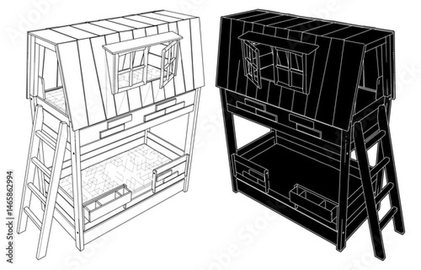 Fototapeta Children's Bunk Bed Vector. Illustration Of A Double-Decker Bed Which Looks Like A Tree House In A Child's Room Isolated On A White Background.
