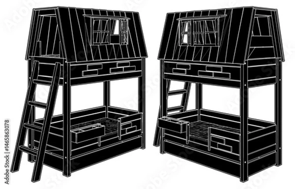 Fototapeta Children's Bunk Bed Vector. Illustration Of A Double-Decker Bed Which Looks Like A Tree House In A Child's Room Isolated On A White Background.