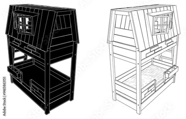 Fototapeta Children's Bunk Bed Vector. Illustration Of A Double-Decker Bed Which Looks Like A Tree House In A Child's Room Isolated On A White Background.