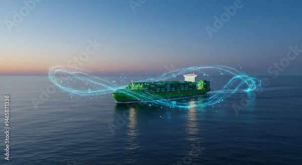 Fototapeta A green cargo ship sailing on the ocean with digital data streams surrounding the vessel at dusk