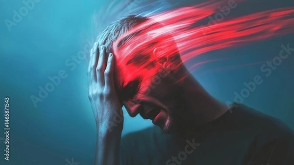 Fototapeta Severe headache abstract visualization with blurred background depicts high stress and unhealthy activity causing migraine or vertigo in the brain