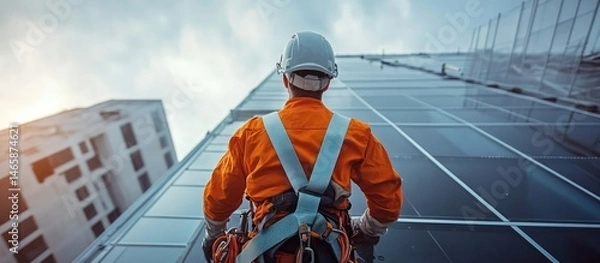 Fototapeta Worker in safety harness on high building.