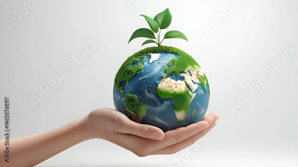 Obraz Sustainable Earth in Hand – 3D Eco-Friendly Concept with Growing Plant on White Background, No 174