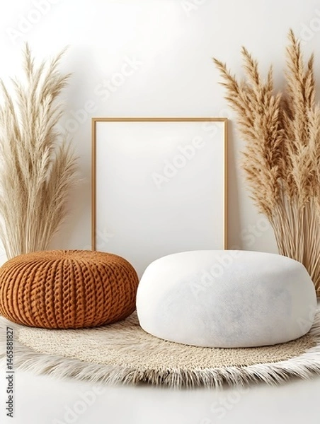Obraz Bohemian styled room scene with neutral tones, textured poufs, pampas grass, and a blank frame