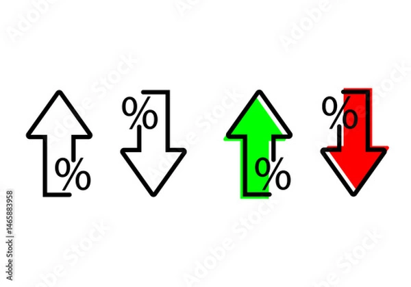 Fototapeta Percentage with arrow up, down flat and line style symbols, Green, Red Arrow Percent. Vector Up, Down percentage symbol. Percent arrow low down and up icon concept. 