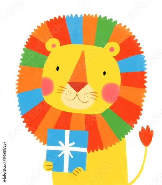 Fototapeta Cute Cartoon Lion with Colorful Mane Holding a Gift Box Illustration