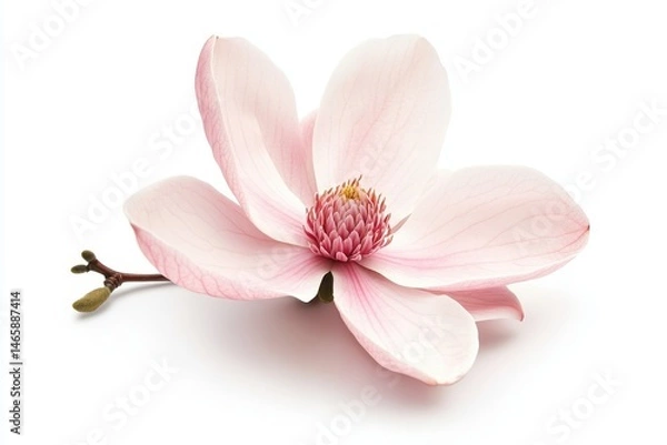 Fototapeta Single pink magnolia blossom with stem lying on a white surface