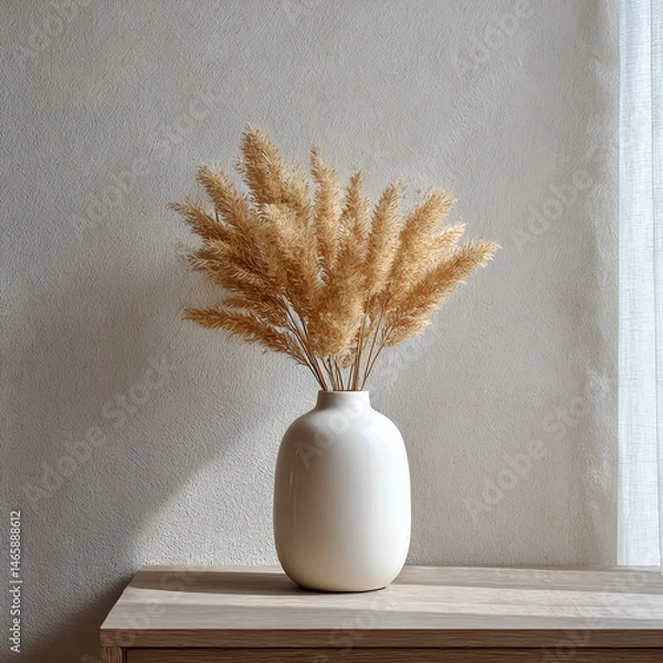 Fototapeta Add a touch of elegance to any space with this sleek white ceramic vase, featuring delicate dried pampas grass. Perfect for minimalist and boho decor styles.