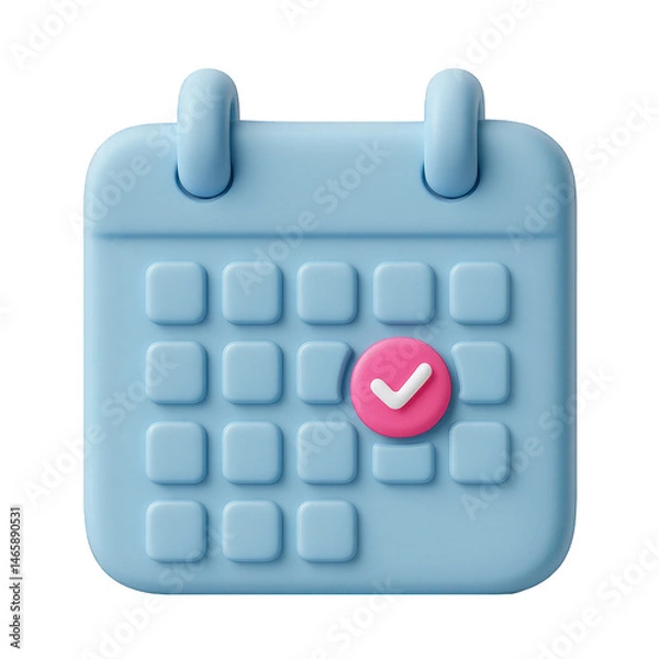 Fototapeta A charming light blue 3D calendar displaying a bright pink circle with a white checkmark indicating a completed day or appointment.