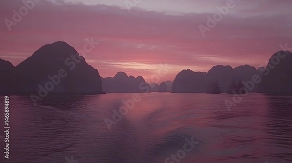 Fototapeta Pink Sunset over Halong Bay Vietnam Cruise Ships