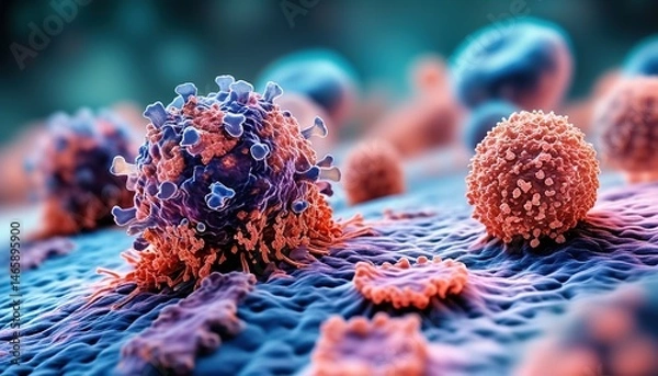 Fototapeta 3D microscopic visualization of viral particles with spike proteins, background for healthcare and science themes