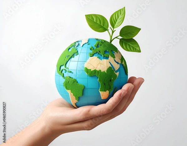 Obraz Sustainable Earth in Hand – 3D Eco-Friendly Concept with Growing Plant on White Background, No 306