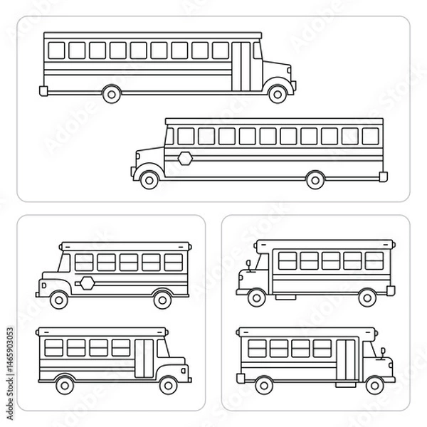 Fototapeta Black school bus collection set line icon, simple detailed transport flat design illustration drawing element for app ui ux web button, interface pictogram elements isolated on white background