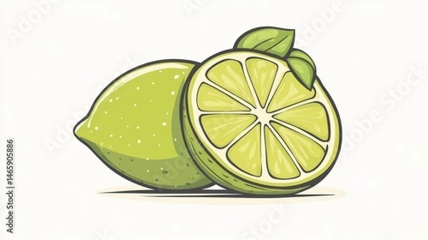 Fototapeta Vector illustration of two limes, one whole and one sliced, with leaves.  Possible use Food illustration, healthy eating, beverage design