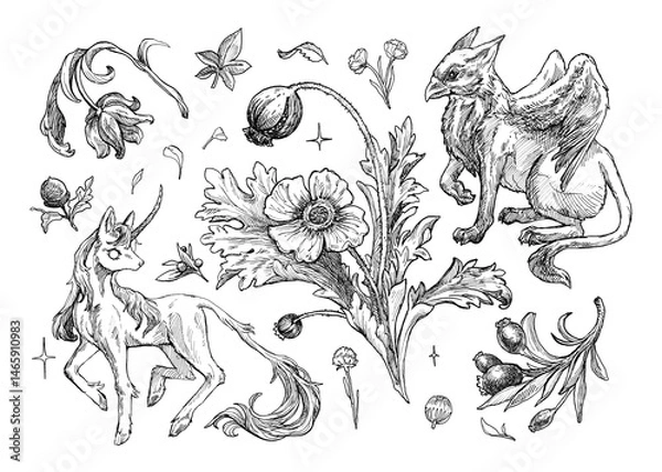 Fototapeta Detailed sketch of a unicorn and griffin surrounded by whimsical flowers and plants on a transparent background