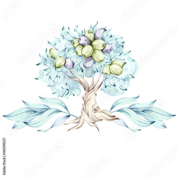 Fototapeta Olive tree with olives and olive oil illustrated in watercolor style showcasing beauty of nature and Italian cuisine frame, border, arrangement