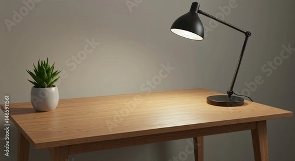 Fototapeta A simple wooden desk with a black adjustable lamp and a small green potted plant, illuminated by the lamp's warm light in an indoor setting.