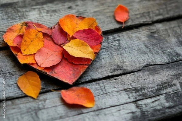 Fototapeta Autumn leaves arranged in a heart shape on a rustic wooden surface.