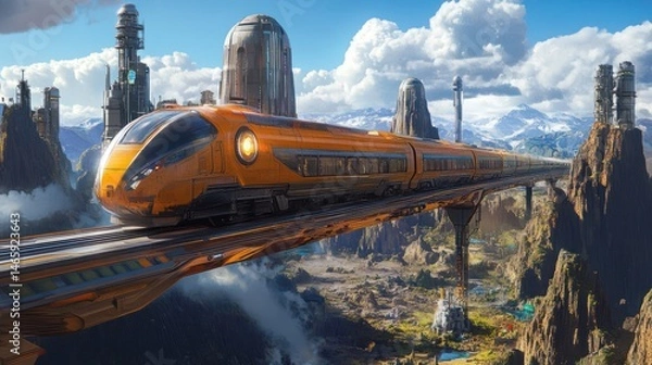 Obraz Futuristic High-Speed Train Journey Across a Mountainous Landscape