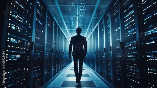 Obraz A Silhouette of a Businessman Walking Through a Modern Data Center at Night