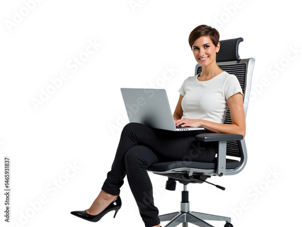 Obraz Confident Professional Businesswoman Working on Laptop in Modern Office Chair on Transparent PNG Background