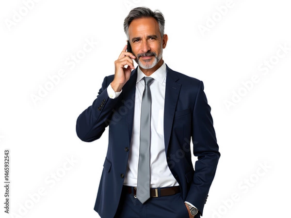 Obraz Mature Businessman in Suit Talking on Phone with Confident Expression on Transparent PNG Background