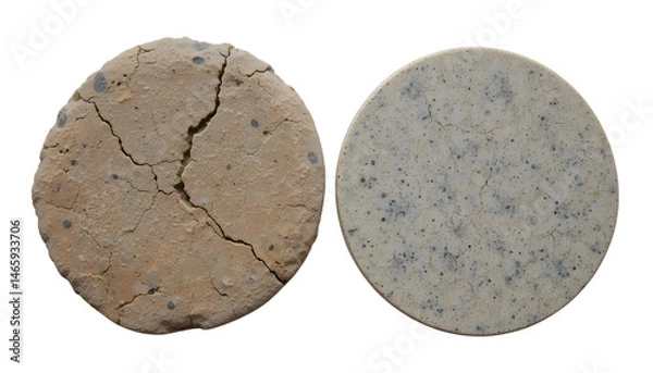 Fototapeta Pair of stone coasters with rough and polished finishes diagonally placed on white surface