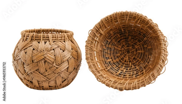 Fototapeta Set of woven baskets with hexagonal and spiral patterns isolated on white background