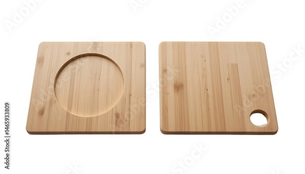 Fototapeta Minimalist wooden cutting boards with circular cutout and rectangular notch on white surface