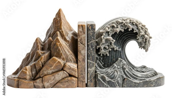 Fototapeta Hand-carved stone bookends shaped as mountain and wave isolated on white background