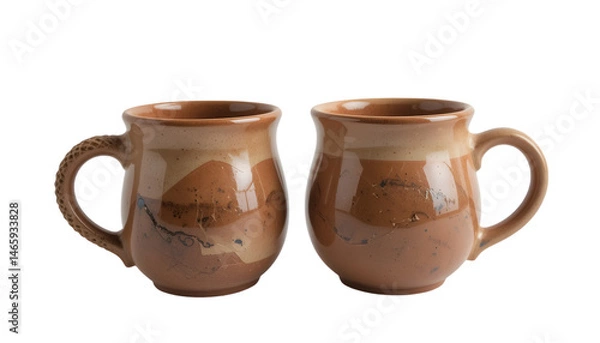 Fototapeta Pair of handcrafted clay mugs with textured and smooth finishes on white background