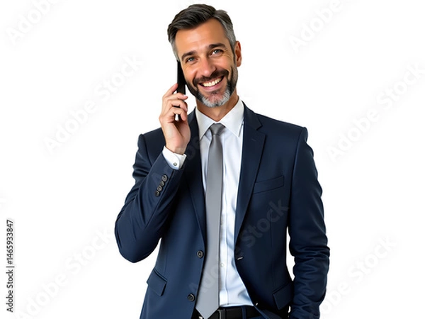 Obraz Mature Businessman in Suit Talking on Phone with Confident Expression on Transparent PNG Background