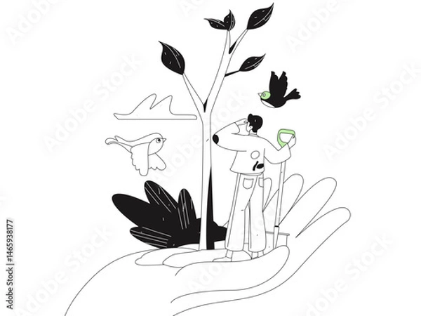 Obraz Flat character vector concept operation hand drawn illustration of planting trees on Arbor Day in spring

