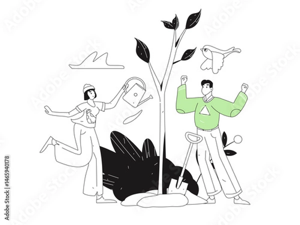 Obraz Flat character vector concept operation hand drawn illustration of planting trees on Arbor Day in spring
