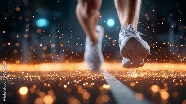 Fototapeta Dynamic close-up of a runner's feet on a sparkling track