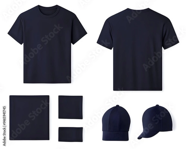 Fototapeta Navy blue apparel mockup showcasing t-shirt, caps, and handkerchiefs; ideal for branding and design presentations