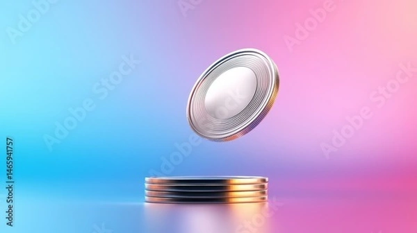 Obraz Futuristic coin hovering above a stack on a gradient background