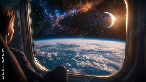 Fototapeta Astronaut gazing at Earth and distant galaxies from spacecraft window